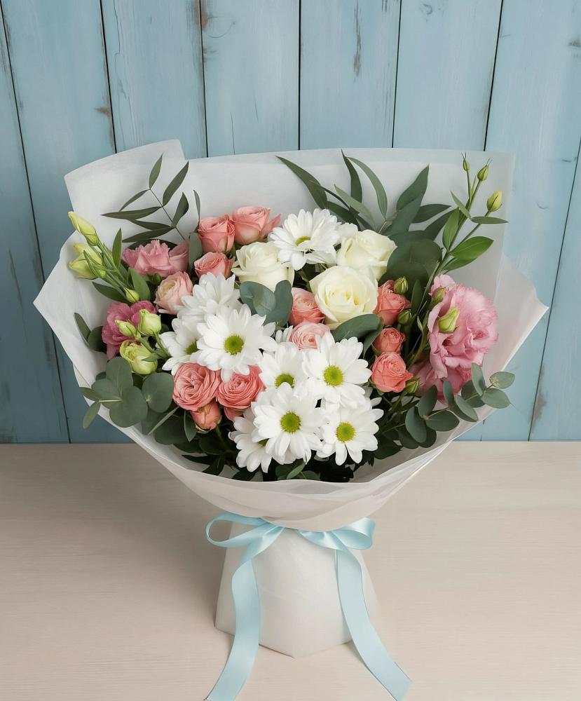 Букет цветов из: Розы, Лизиантусы и Хризантемы в Вревском