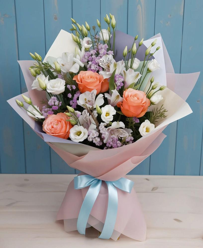 Букет цветов из: Лизиантусы, Розы, Альстромерии и Гипсофила в Вревском